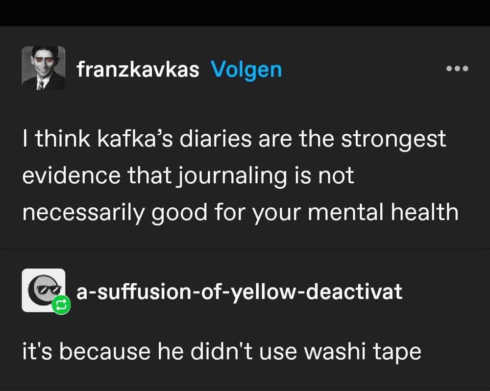 Text post: I think Kafka's diaries are the strongest evidence that journaling is not necessarily good for your mental health
Comment: it's because he didn't use washi tape 