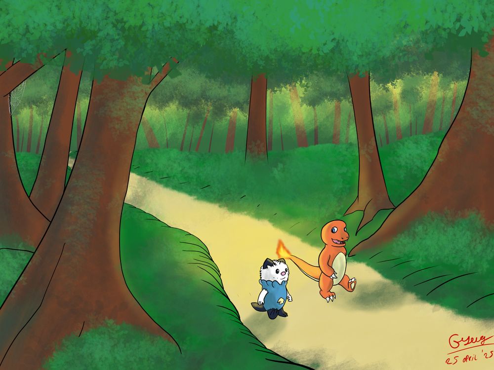 Art of Zero the Hero, chapter 1. Oshawott George and Charmander Blitzer walking together over a path through the woods.