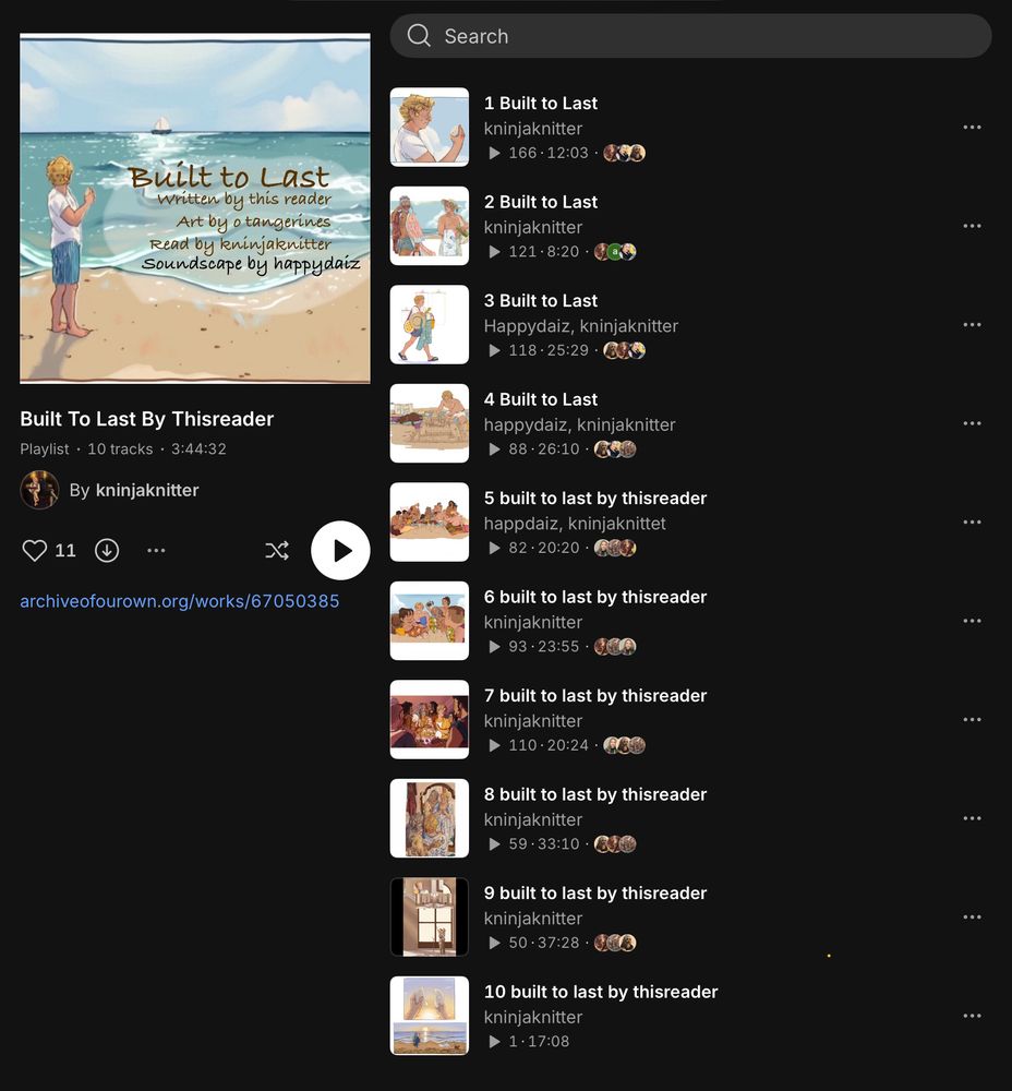 Screenshot of the SoundCloud playlist of “built to last”which shows a unique art piece for every single chapter as well as for the main story title. Otangerines knocked it out of the park!
