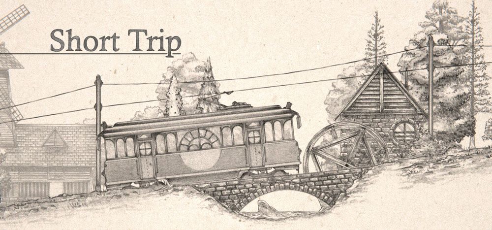 A banner image of the game, Short Trip. A hand-drawn tram is displayed travelling up the rail on a picturesque landscape.