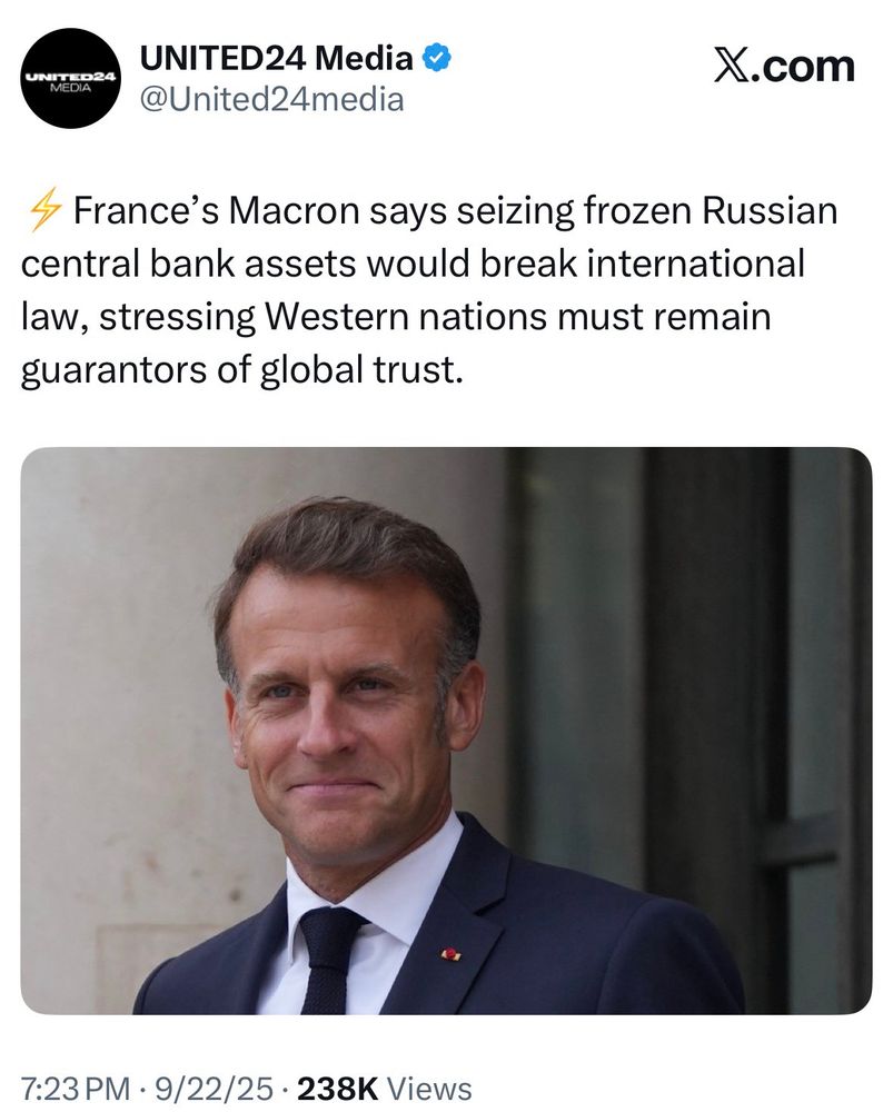 Tweet by United24 Media: France's Macron says seizing frozen Russian central bank assets would break international law, stressing Western nations must remain guarantors of global trust.