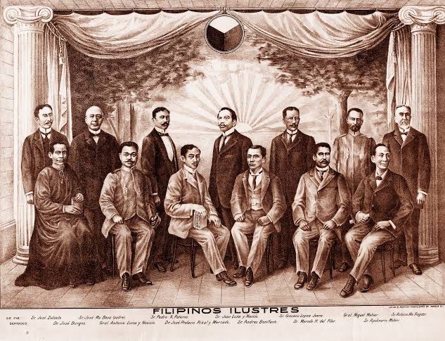 A lithograph representing a composite portrait of 13 national heroes. Engraved by national artist Guillermo Tolentino when he was 21 years old and printed in 1500 copies by printer Carmelo and Bauermann.

Standing: Jose Zulueta, Jose Maria Basa, Pedro A.
Paterno, Juan Luna y Novicio, Graciano Lopez
Jaena, General Miguel Malvar, Antonio Ma. Regidor.
Seated: Dr. Jose Burgos, General Antonio Luna y Novicio, Jose Rizal y Mercado, Andres Bonifacio, Marcelo H. del Pilar, Apolinario Mabini.