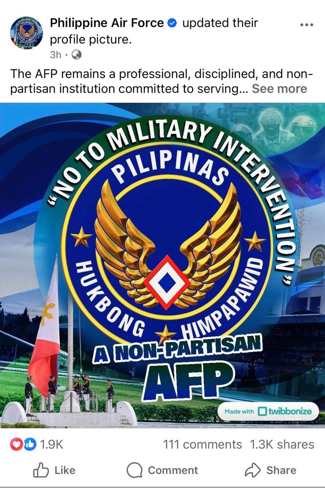 Profile picture of the Philippine Air Force with its logo, and a Twibbon filter “No to Military Intervention, A Non-Partisan AFP”