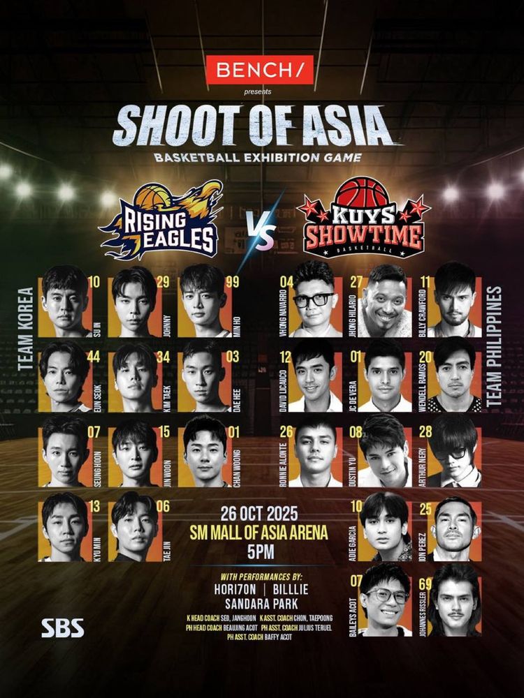 SHOOT OF ASIA Exhibition basketball game poster between Team Korea Rising Eagles and Kuys Showtime Team Philippines. Team Korea include SHINee’s Minho and NCT’s Johnny