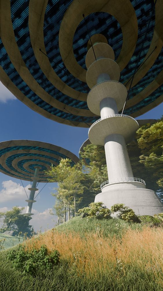 More realistic meadow made in Blender with trees and the same kind of pillars which appear to be large sunlight collecting structures. 