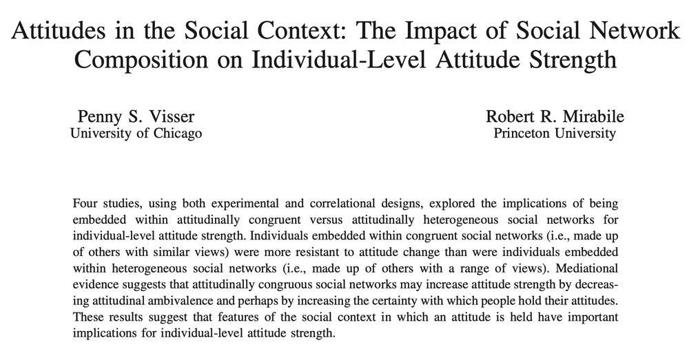 Paper titled, "Attitudes in the Social Context: The Impact of Social Network Composition on Individual-Level Attitude Strength". The abstract reads "Four studies, using both experimental and correlational designs, explored the implications of being embedded within attitudinally congruent versus attitudinally heterogeneous social networks for individual-level attitude strength. Individuals embedded within congruent social networks (i.e., made up of others with similar views) were more resistant to attitude change than were individuals embedded within heterogeneous social networks (i.e., made up of others with a range of views). Mediational evidence suggests that attitudinally congruous social networks may increase attitude strength by decreasing attitudinal ambivalence and perhaps by increasing the certainty with which people hold their attitudes. These results suggest that features of the social context in which an attitude is held have important implications for individual-level attitude strength."