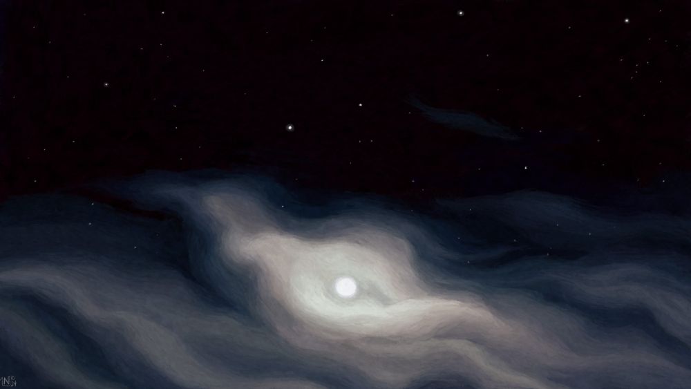 Digital painting of a night sky. It is black, full of stars in the top half of the frame, and there are wispy, translucent clouds in the bottom half, doing a bad job of hiding a round moon.
