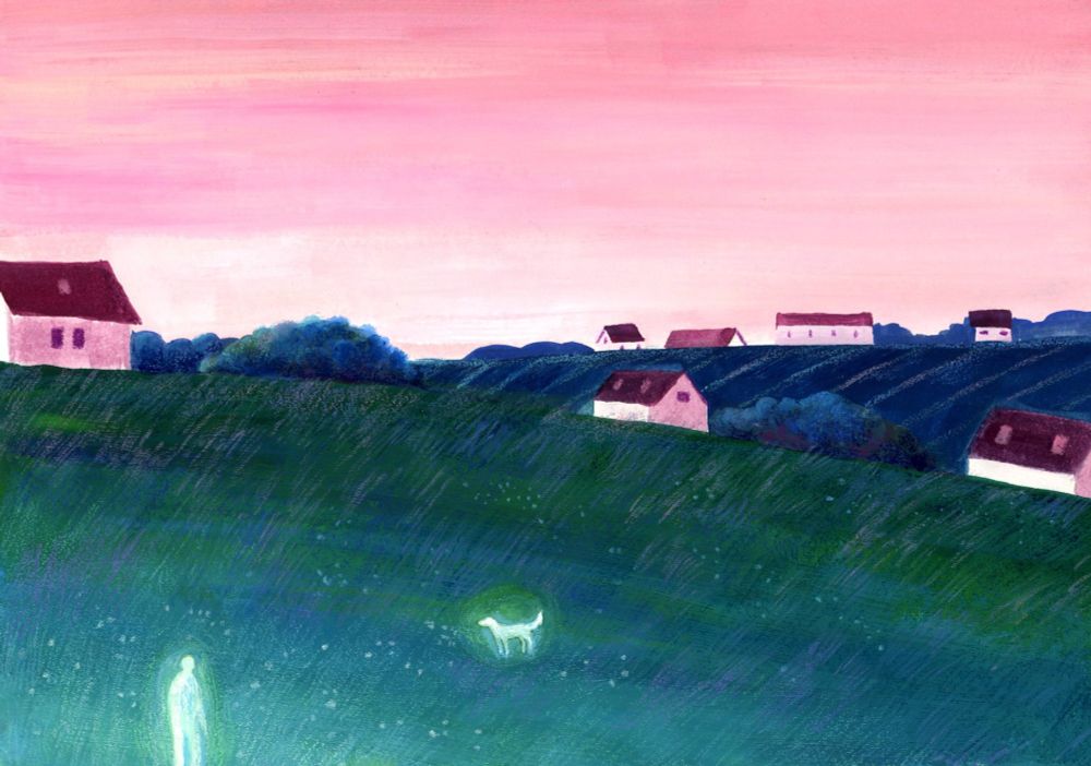 Image description
A gouache painting with pastel details: some hills at dusk. The sky is a pale pink, the hills are grassy, blue and green, with a few houses here and there, tinted pink by the light. On the hill in the foreground, two glowing, white figures: a person and a dog facing each other. There is white light coming from outside of the frame. Small white flowers dot the grass.