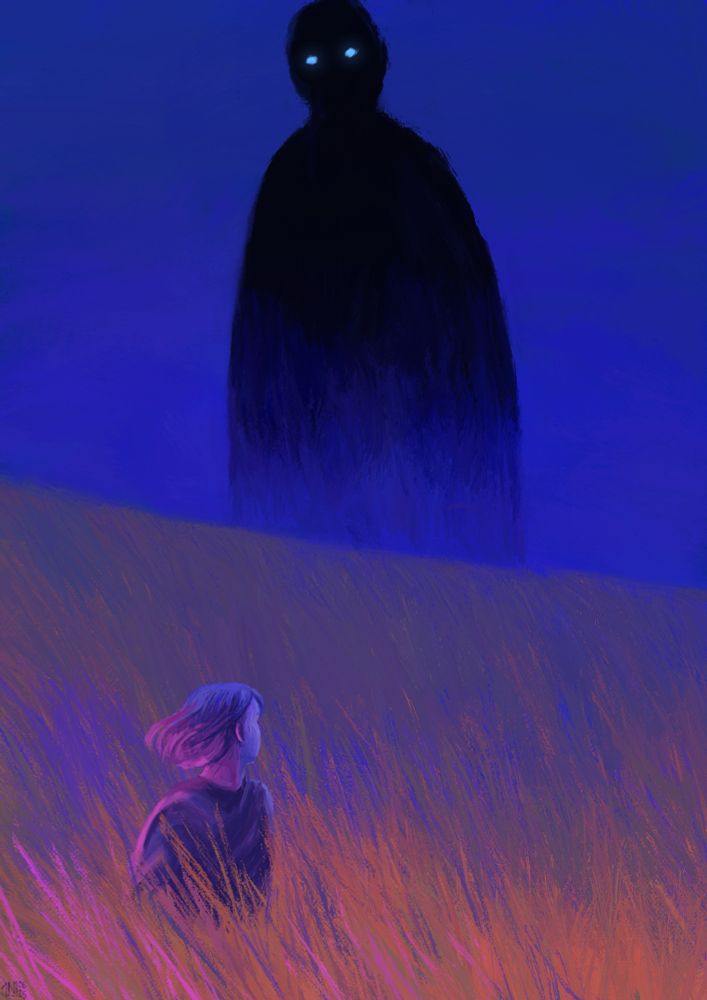 Digital painting: a woman is running in tall grass, looking over her shoulder at the giant black figure towering over the field. Behind the figure, the sky is a deep indigo. The woman and part of the field are bathed in bright pink light. 
