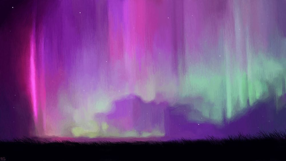 Digital painting of a night sky filled with an aurora, streaks of bright pink, pastel green, lilac and purple that span the whole frame. There are stars coming through the colours. There is a dark field of grass in the foreground.