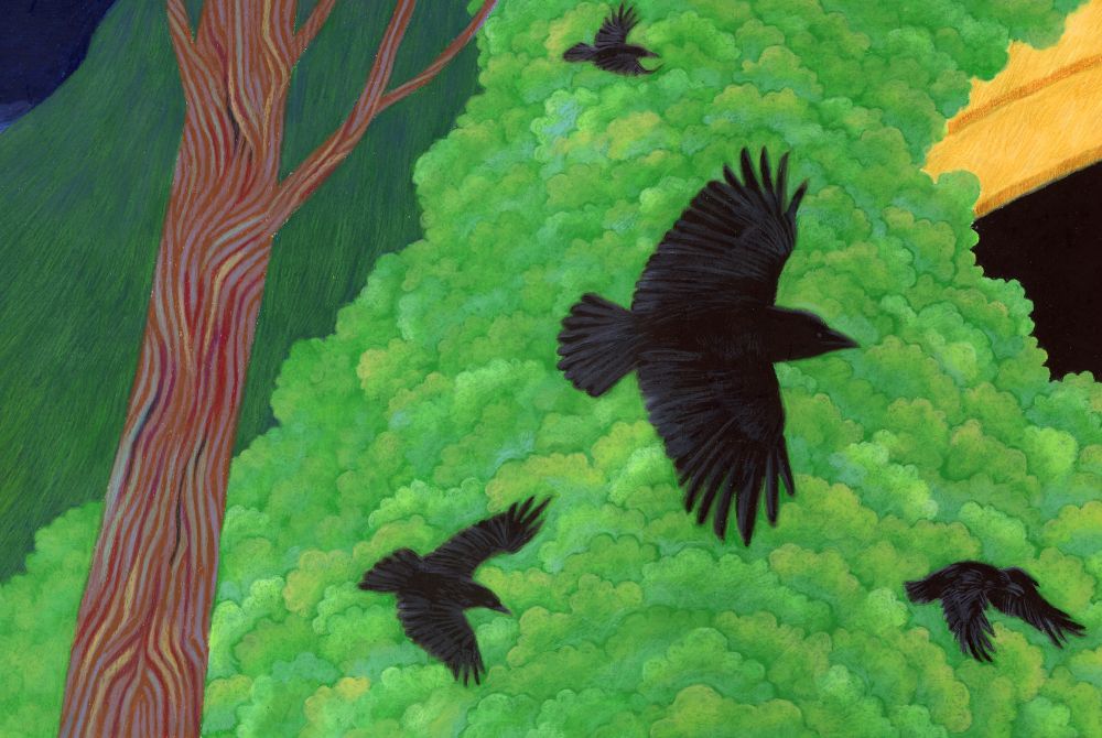 Large crows are flying above dense foliage in the mountains. There is a tree with colourful bark off to the left-hand side.
