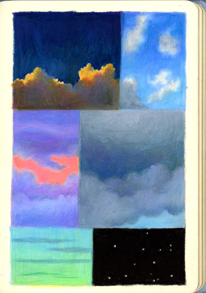 Different skies drawn in wax pastel, arranged in panels of different sizes, all stuck to one another on a sketchbook page. There are golden clouds in a dark blue sky, wispy white and grey clouds in a blue sky, purple clouds in a bright pink sky, a grey, overcast sky, a greenish sky with long, thin grey clouds, and a pitch black, starry night sky.