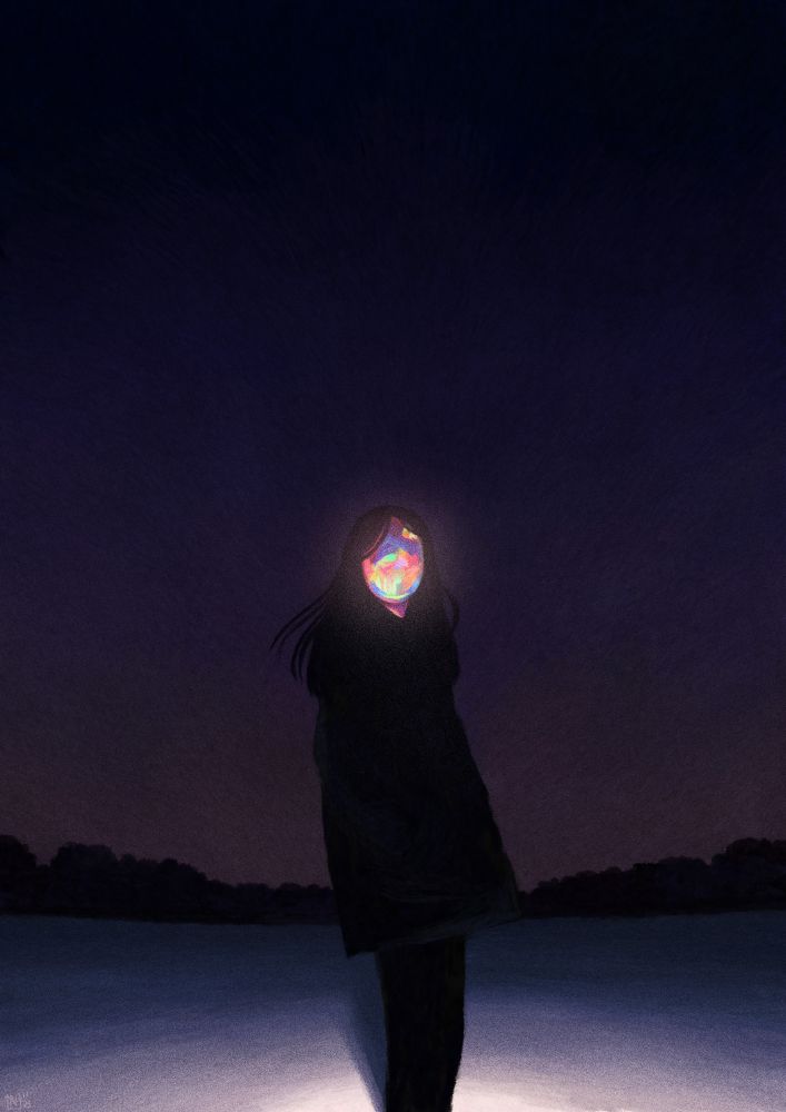 Digital painting: the dark silhouette of a person with long hair and a long coat stands sideways, but with their face facing the viewer, in front of a snowy countryside landscape at night. Where their face should be is a glowing opalescent mask, with a colourful abstract pattern. There is an artificial light source lighting the ground white in the foreground.