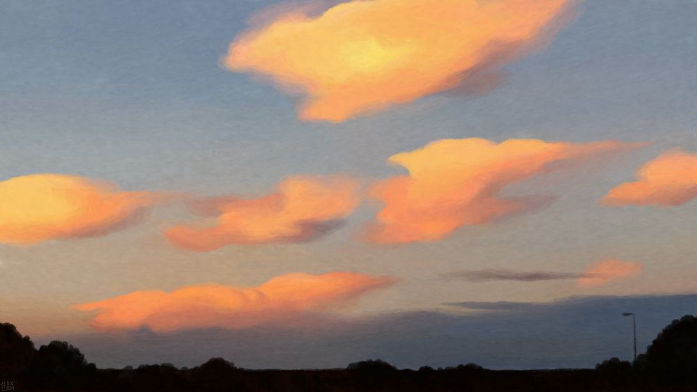 Digital painting of a sunset sky, pastel blue and yellow gradient filled with soft golden clouds, and a band of grey over the horizon. There is the silhouette of a landscape, flat, with trees and a lamp post.
