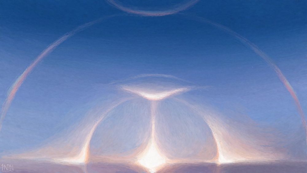Image description
Digital painting of a blue sky with the sun encircled by many halos and arcs.