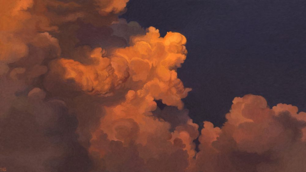 Digital painting of some tall, voluminous clouds bubbling in sunset light, dark, earthy tones, with golden highlights. The sky behind is a dark blue-grey.
