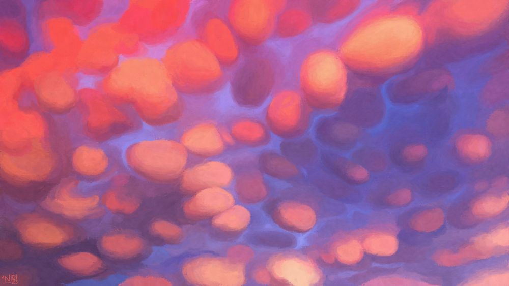 Digital painting of many pouch-like clouds stacked against one another. They are tinted bright orange, pink and purple in a sunset lighting.
