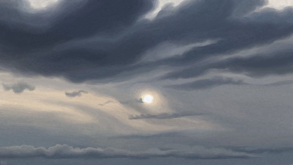 Digital painting of a cloudy sky: dark grey clouds in the top half of the frame, a lighter grey in the bottom half. The sun is clearly visible through the veil, slightly yellow. A few smaller, long, and thin clouds are scattered throughout the sky.
