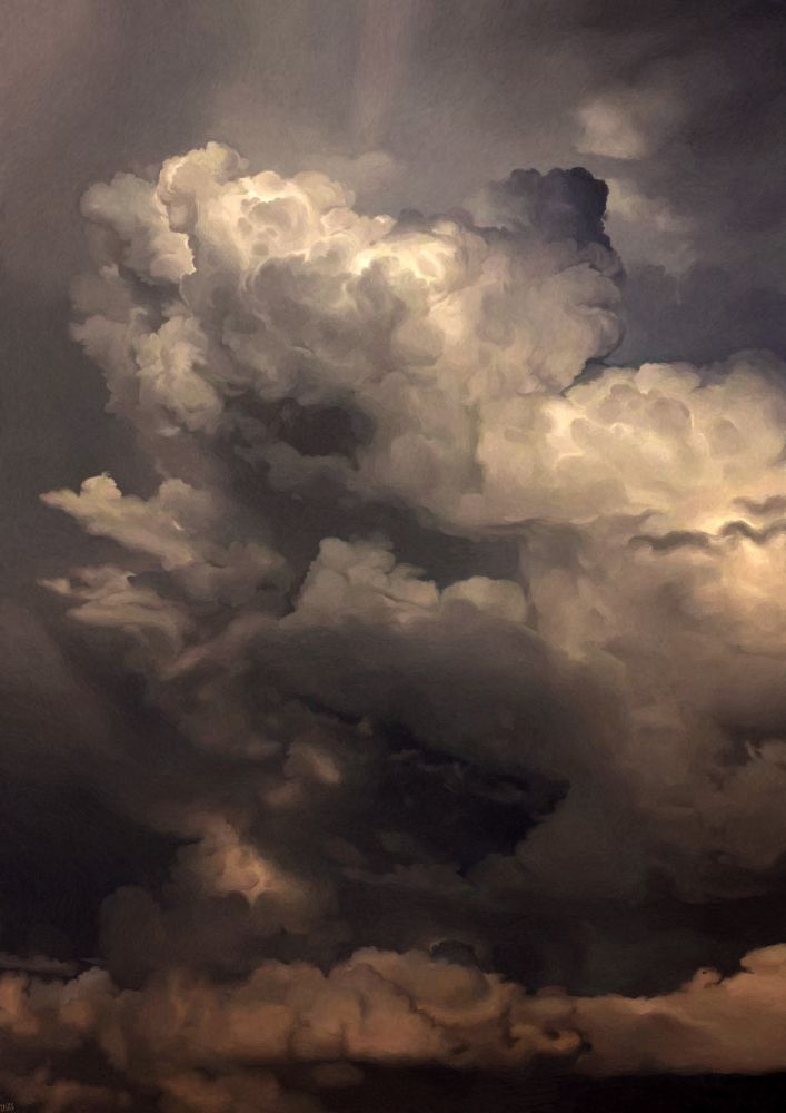 Digital painting of some towering clouds in dramatic yellow and orange lighting, and dark grey shadows.