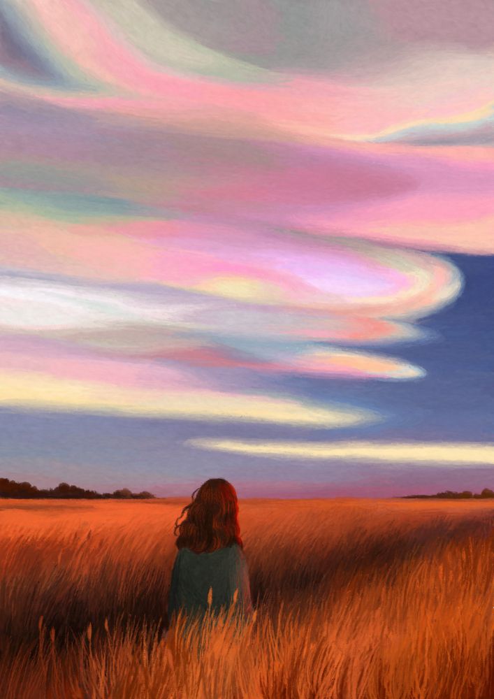 Digital painting of a character walking in a field of brown grass around golden hour. The sky is filled with large, pastel iridescent clouds. The character is seen from the back.