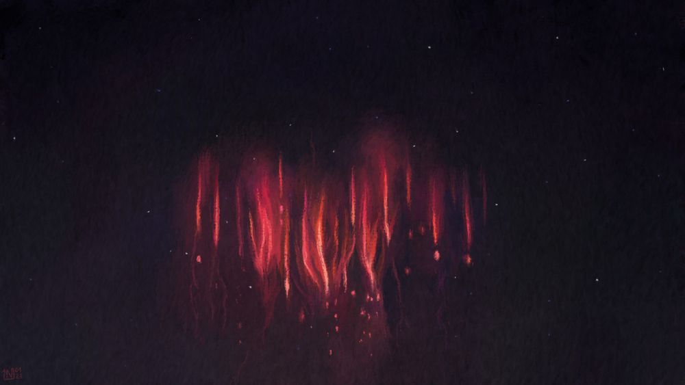Digital painting of a group of many red lightning bolts in a starry night sky.