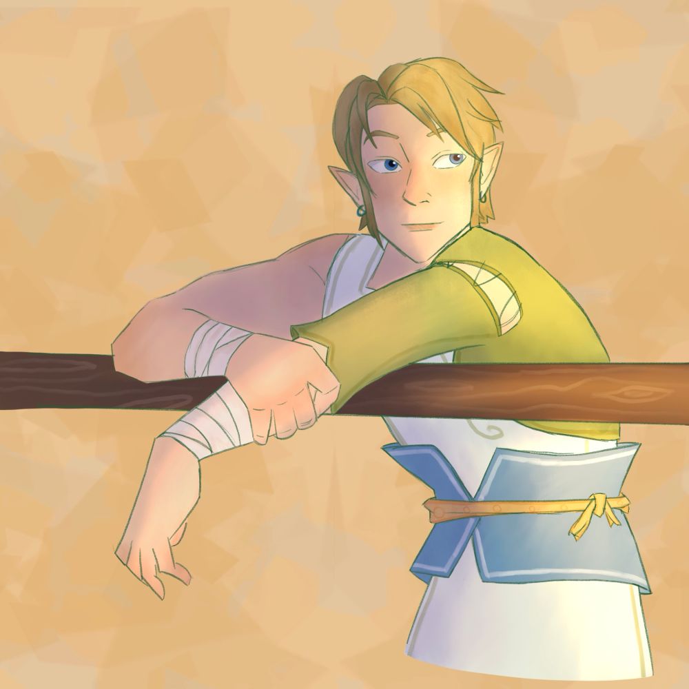 Link from Twilight Princess, in his Ordon outfit, leaning on a fence 