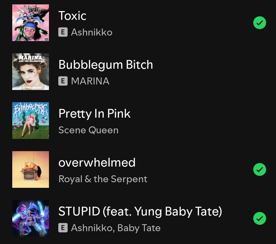 Depicts Spotify Playlist with songs including Toxic by Ashnikko, Bubblegum Bitch by MARINA, Pretty in Pink by Scene Queen, Overwhelmed by Royal & the Serpent, and STUPID by Ashnikko feat. Baby Tate 