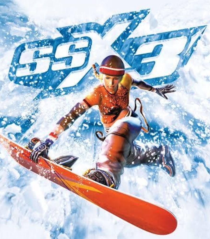Cover of the game SSX3. It features a woman doing a trick on a snowboard. 
