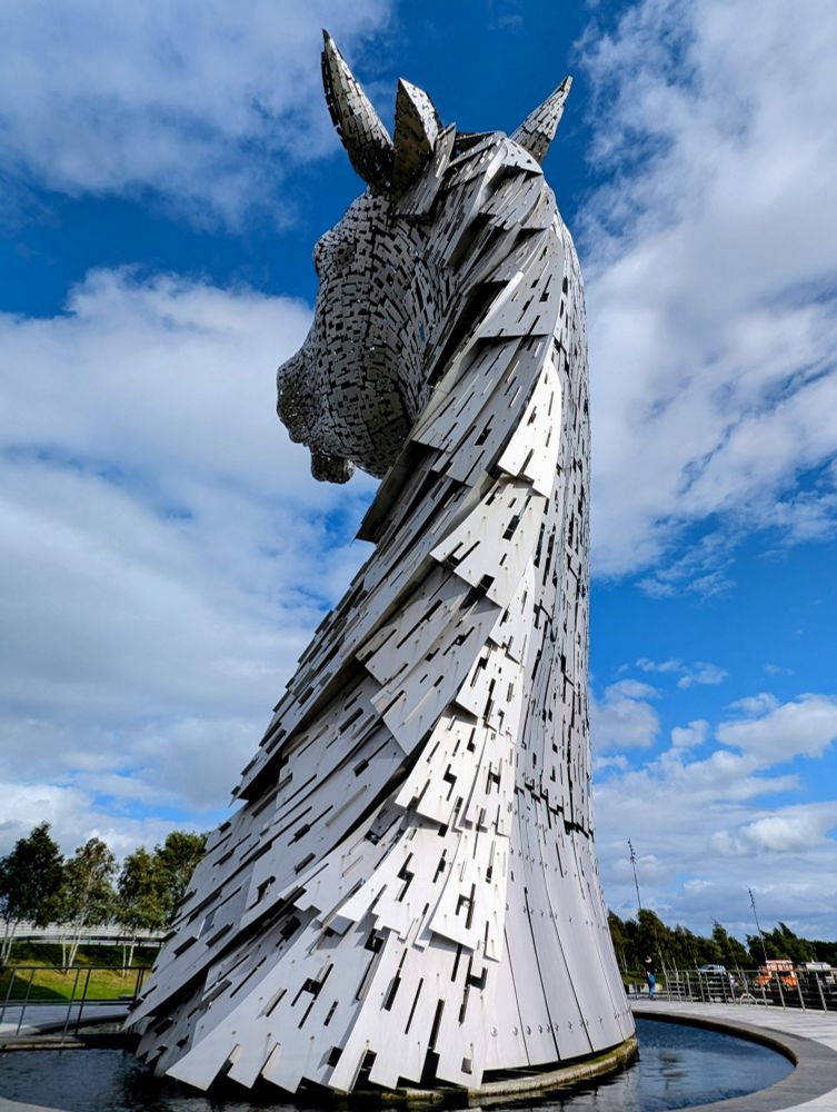 The Kelpies. The mane and neck of a massive metal horse sculpture. 