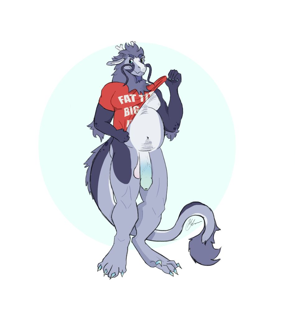 Cobalt, the eastern dragon, wearing a red t-shirt that reads "Fat tits - Big gut - Uncut" while tugging on it teasingly, revealing a round belly, some man boobs, and a low-hanging foreskinned penis and balls. The background is that of a minty green circle.