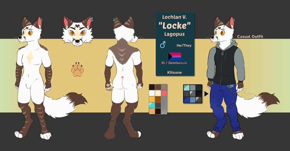 My new refsheet of my fursona as of April 2025. They are a white kitsune (fox) with a color palette inspired by coffee and espresso. #LockeComms