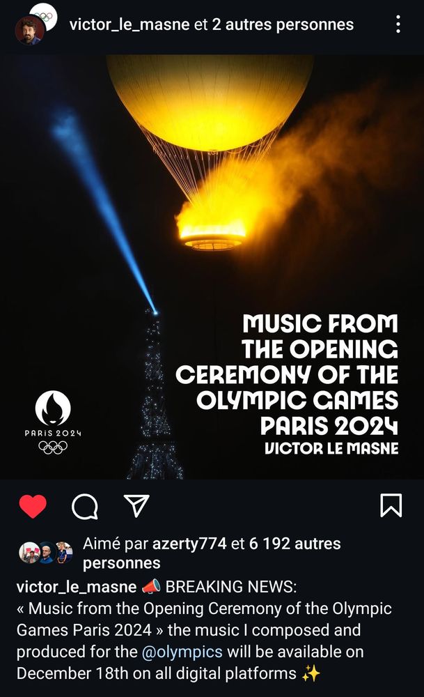Post Instagram de Victor Le Masne annonçant la sortie officielle de la bande son de la cérémonie d'ouverture des JO de Paris 2024, pour le 18 décembre 