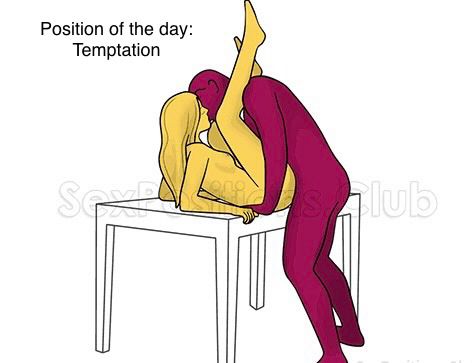 The woman lies back on the edge of the table, putting her elbows under her back. She presses her hips to the body and spreads straight legs wide apart. The man is attached to her buttocks with his penis. His legs are slightly bent at the knees and spread shoulder-width apart. The lady puts her legs on his shoulders. He sticks his hands under her back to make the penetration more comfortable and extremely deep.