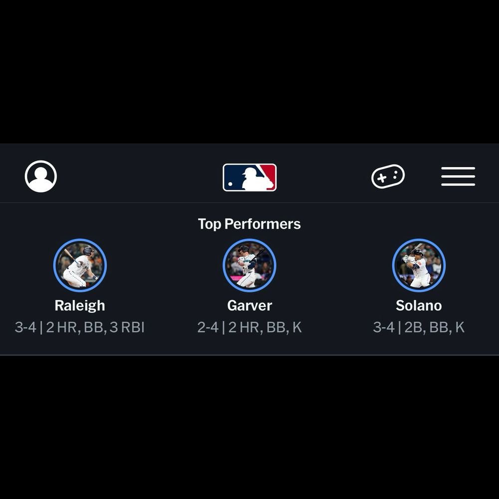 A screen shot of the MLB app’s “top performers” for today’s Mariners/cubs game. The three are Raleigh, Garver, Solano. 