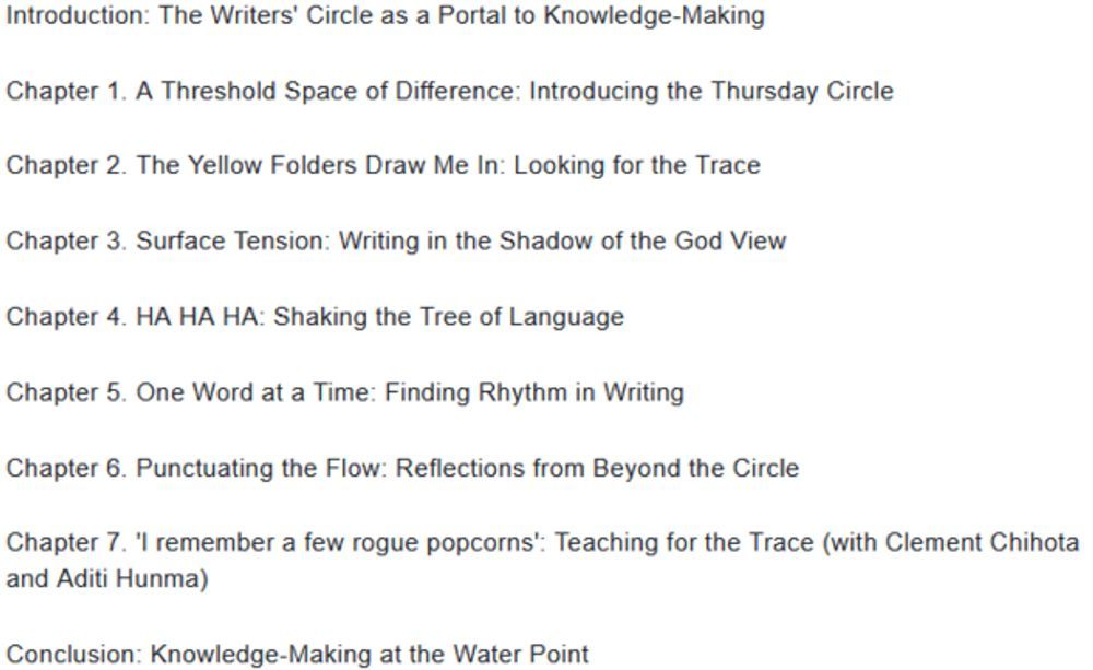 To view keyboard shortcuts, press question mark
View keyboard shortcuts
Messages
Image description
Introduction: The Writers' Circle as a Portal to Knowledge-Making           

Chapter 1. A Threshold Space of Difference: Introducing the Thursday Circle       

Chapter 2. The Yellow Folders Draw Me In: Looking for the Trace            

Chapter 3. Surface Tension: Writing in the Shadow of the God View        

Chapter 4. HA HA HA: Shaking the Tree of Language

Chapter 5. One Word at a Time: Finding Rhythm in Writing         

Chapter 6. Punctuating the Flow: Reflections from Beyond the Circle      

Chapter 7. 'I remember a few rogue popcorns': Teaching for the Trace (with Clement Chihota and Aditi Hunma)

Conclusion: Knowledge-Making at the Water Point
Post
Conversation
Professional Academic Communication in English
@pace_ou
Must read asap {JM}
#DoctoralWriting #AcWri #WritingCircle #tleap #AcademicLiteracies #knowledge
https://multilingual-matters.co.uk/page/detail/?k=9781800419612
Introduction: The Writers' Circle as a Portal to Knowledge-Making Chapter 1. A Threshold Space of Difference: Introducing the Thursday Circle Chapter 2. The Yellow Folders Draw Me In: Looking for the Trace Chapter 3. Surface Tension: Writing in the Shadow of the God View Chapter 4. HA HA HA: Shaking the Tree of Language Chapter 5. One Word at a Time: Finding Rhythm in Writing Chapter 6. Punctuating the Flow: Reflections from Beyond the Circle Chapter 7. 'I remember a few rogue popcorns': Teaching for the Trace (with Clement Chihota and Aditi Hunma) Conclusion: Knowledge-Making at the Water Point
This book seeks to disrupt the narrative about the process of academic writing and the written products which are currently valued in the university by juxtaposing the messiness and deletions of the writing process with the hegemonic imaginary of what research writing should look like. The author uses writing as both a subject and a method of enquiry in an ethnographic deep dive into her long-ter…