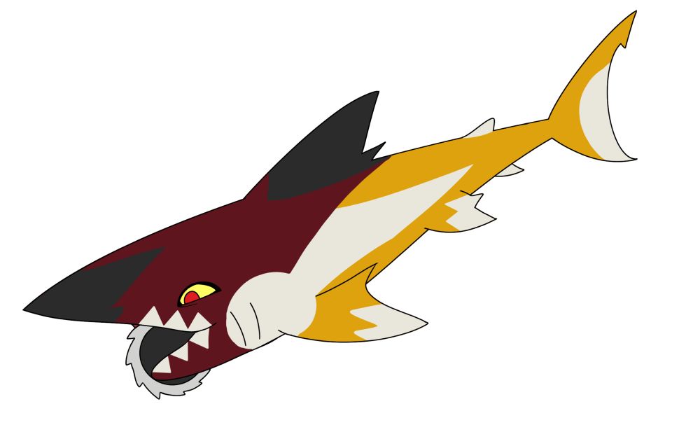 A helicoprion, a shark with a spiral set of teeth on its bottom jaw, in this it is made into a sawblade, it also sports a red, yellow, black and white colors scheme 