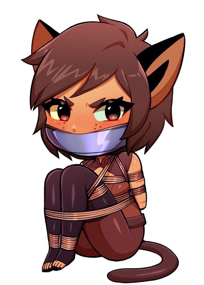A chibi Catra, ball tied and tape gagged