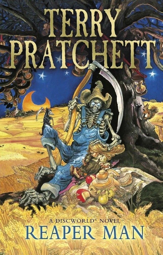 The cover of "Reaper Man" by Terry Pratchett.
Death sits under a tree in a field of corn. He is holding a scythe, wearing dungarees and has his hand comfortingly on a young girl's head.