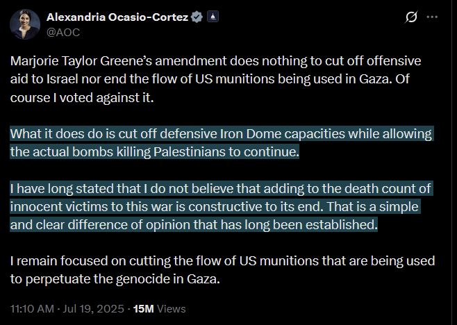 AOC post from July 19th defending supporting the iron dome 