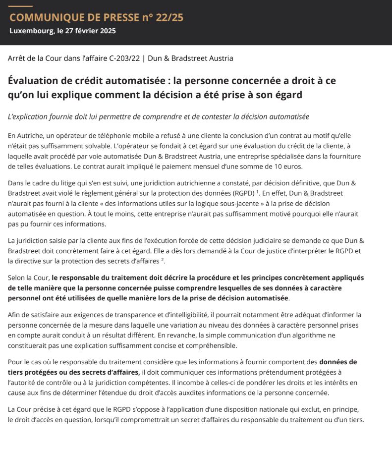 CJUE : Évaluation de crédit automatisée : la personne concernée a droit à ce qu’on lui explique comment la décision a été prise à son égard