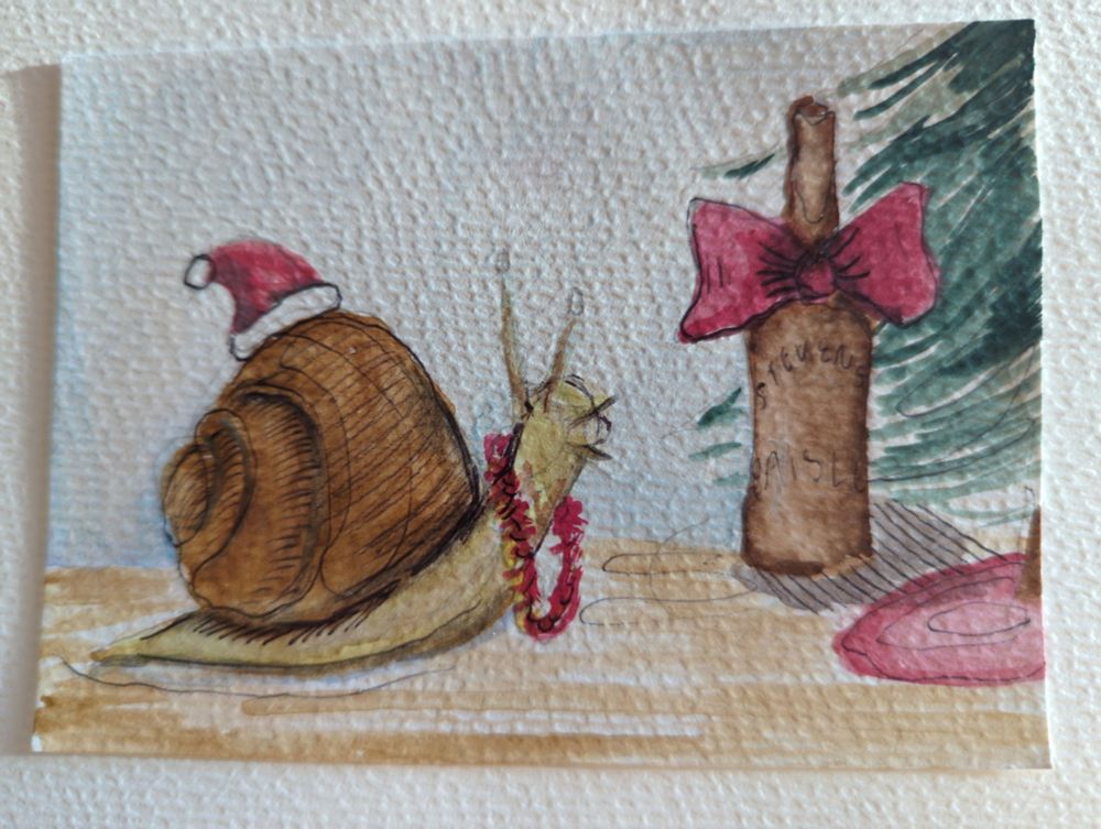 A hand painted picture of a snail wearing a Santa hat and ginger beer bottle with a red bow.