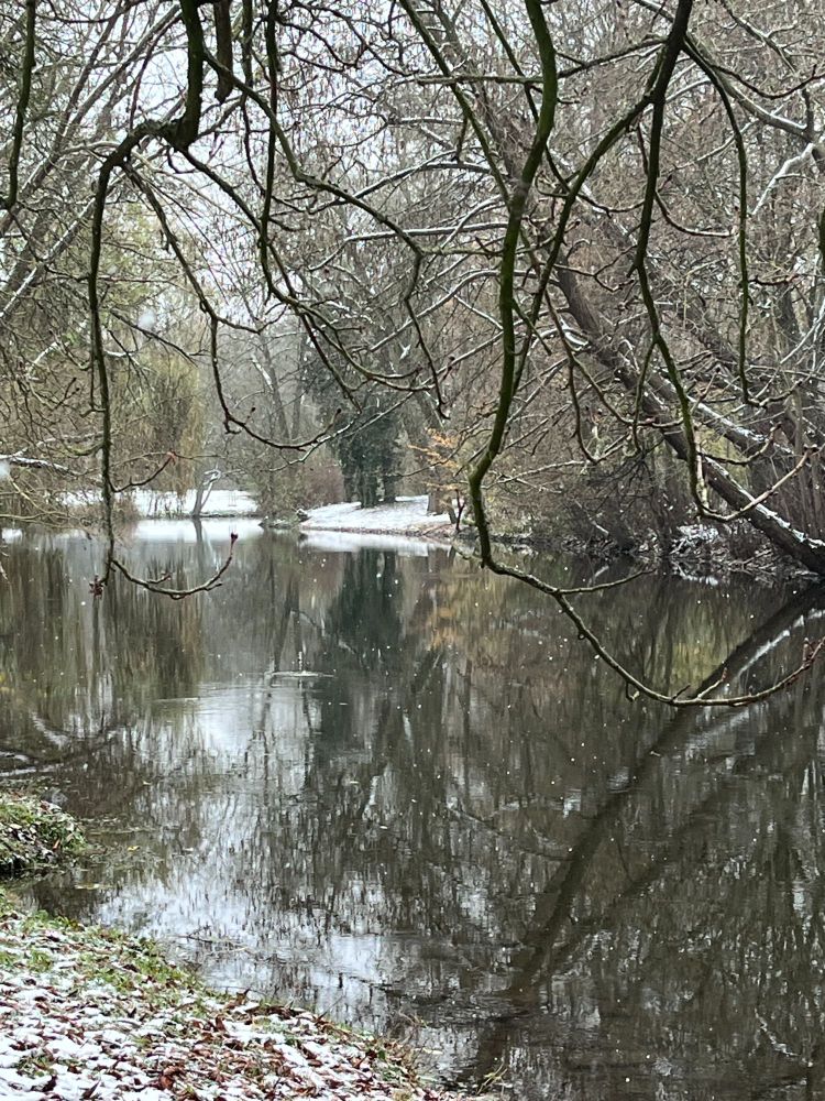 Blick auf den Fluss Oker mit leicht verschneitem Ufer bei leichtem Schneefall