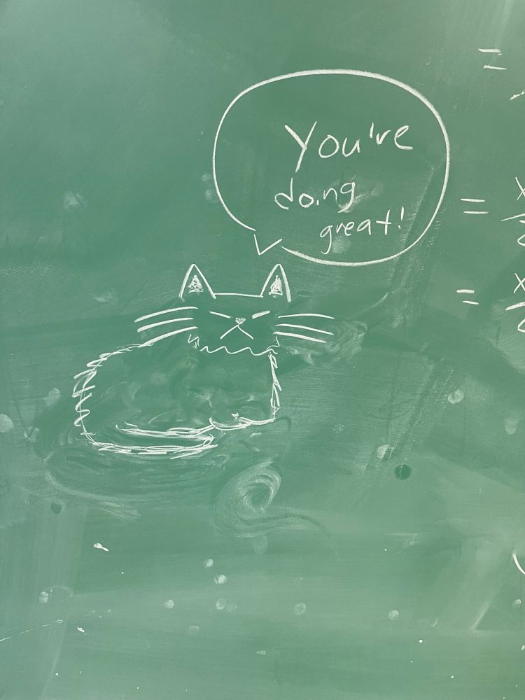 A fluffy cat drawn on a green chalkboard in white chalk, laying down with its paws tucked under itself. It’s saying the words “you’re doing great!”.