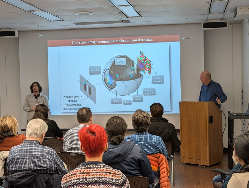 Dr. Brian Wandell at a lectern explaining a diagram of the eye as simulated in the ISETBio software