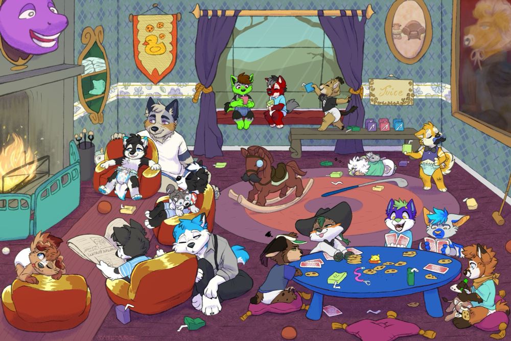 A fancy looking country-club type room with a baby theme, full of cubs as well as a couple of caretakers. There’s cubs warming themselves by the fire, playing ‘poker’ with giant cards, eating cookies, and drinking all kinds of flavoured juice boxes. 
