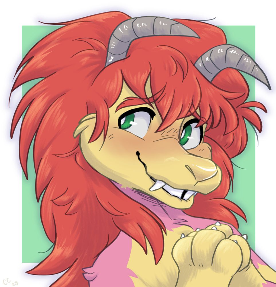 a bust drawing of a Monster Rancher species (Daton) furry, who is tentatively pressing his paws together and blushing