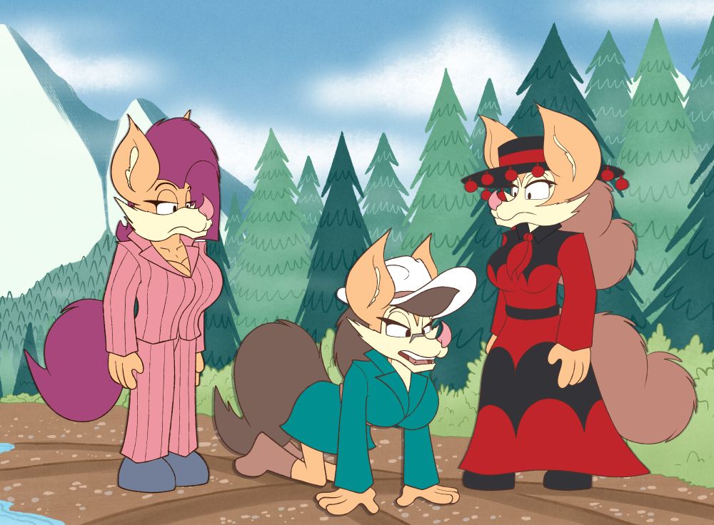 A screenshot of an upcoming episode of Fanny and the Pack, showing Fanny, Fawn, and Filomena on the river banks. Fawn and Filomena stand as Fanny is on all four examining the ground.