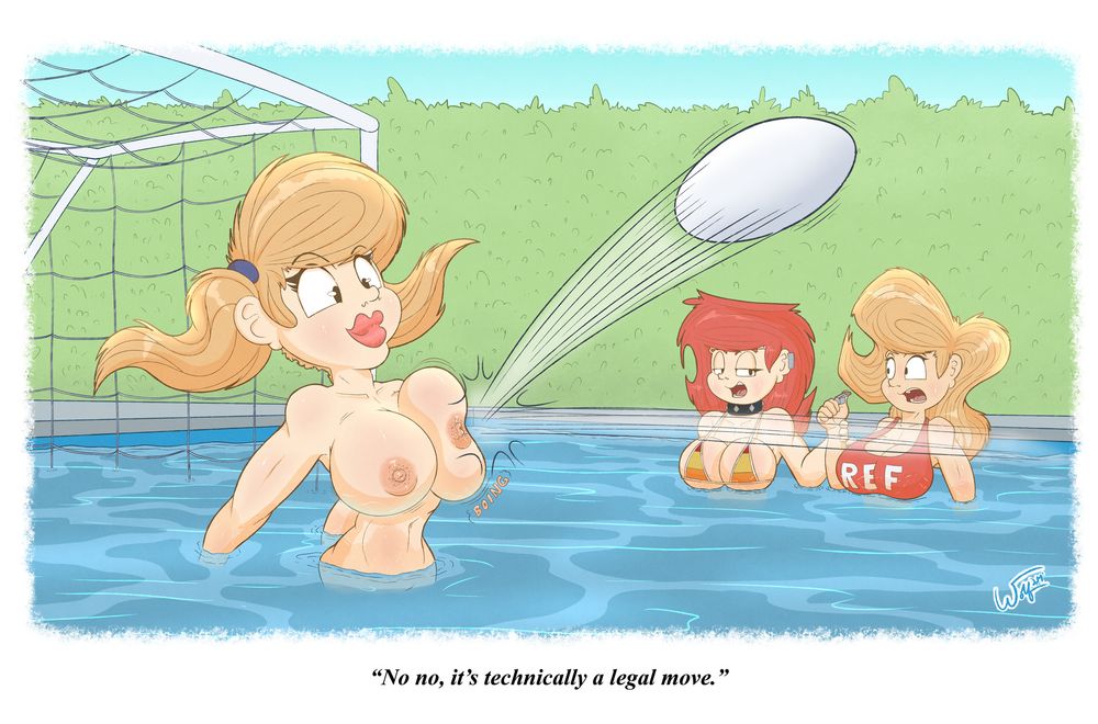 Misty playing water polo, with Chrissy and Pam in the background. Mist blocks a goal by bouncing the ball off of her bare breast, which send is flying across the pool. Pam is about to call foul, but chrissy stops her, stating its technically a legal move.