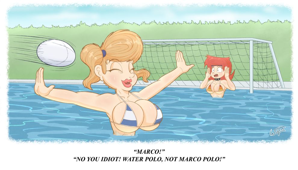 Misty is playing Marco polo in the pool, and is about to get beaned by a volleyball as Chrissy yells out that they are playing Water polo, not marco polo