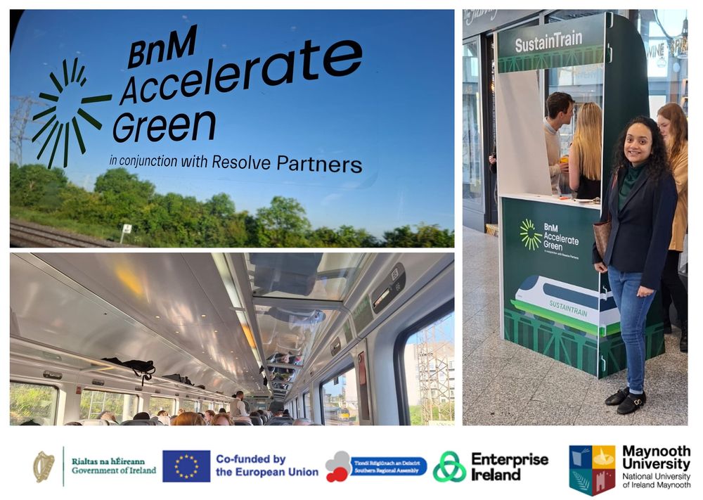 3 pictures - people seated in a train carriage, person standing beside the 'Sustain Train' ticket booth and the poster for the Accelerate Green conference on today in Tullamore
